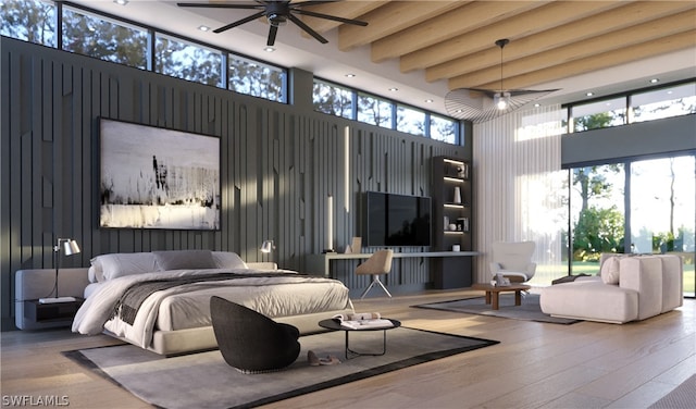 interior space featuring a towering ceiling, beamed ceiling, and wood-type flooring