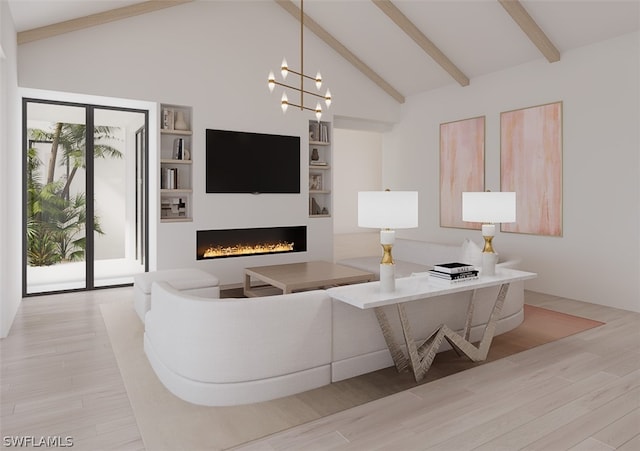 living room with beamed ceiling, a wealth of natural light, light hardwood / wood-style floors, and built in features