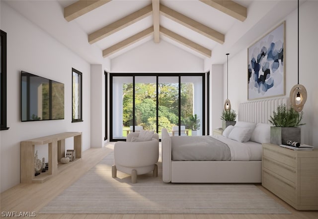 bedroom with beamed ceiling, high vaulted ceiling, and light wood-type flooring