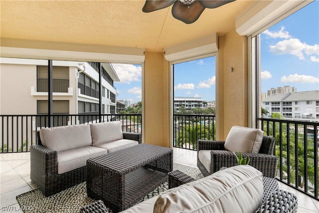 exterior space featuring ceiling fan and an outdoor living space