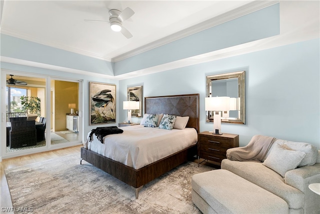 bedroom with light wood finished floors, ceiling fan, access to exterior, and crown molding