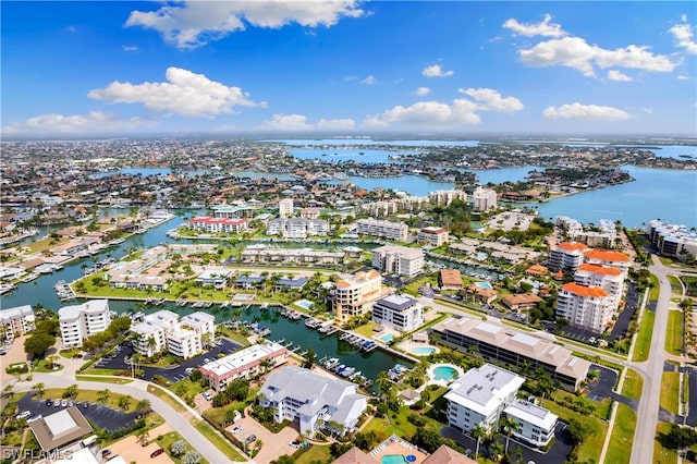 bird's eye view with a water view