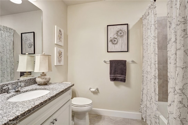 full bathroom with shower / bath combo, oversized vanity, toilet, and tile flooring