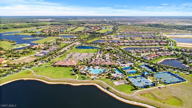 aerial view featuring a water view