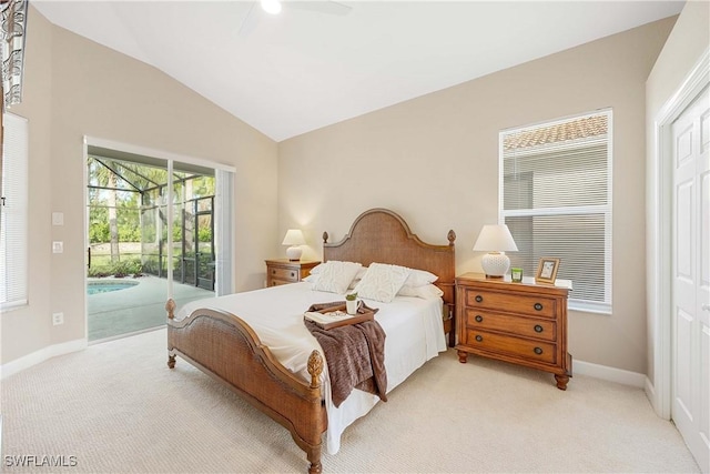 bedroom with lofted ceiling, light colored carpet, access to exterior, and ceiling fan