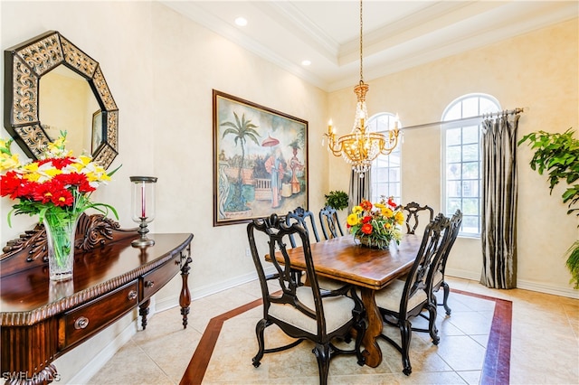 dining room featuring light tile patterned floors, crown molding, and a notable chandelier