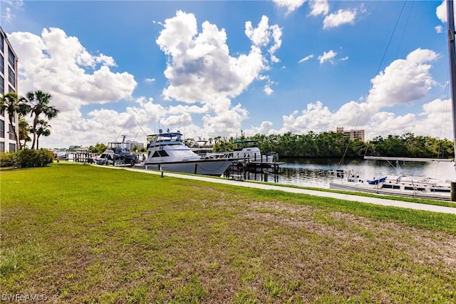 dock area with a lawn and a water view