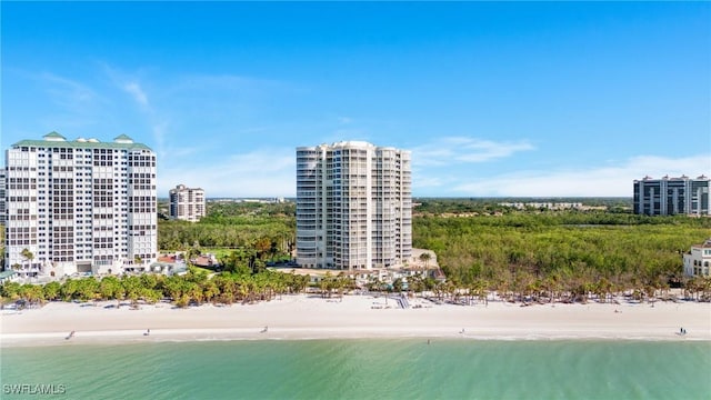 birds eye view of property with a water view and a view of the beach