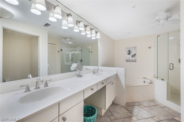 bathroom featuring large vanity, double sink, ceiling fan, shower with separate bathtub, and tile flooring