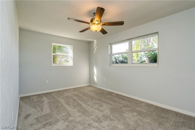 carpeted empty room with ceiling fan and a wealth of natural light