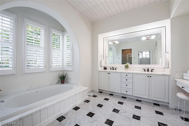 bathroom featuring vanity, separate shower and tub, and wooden ceiling