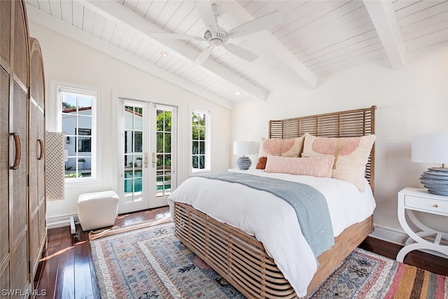 bedroom featuring vaulted ceiling with beams, access to exterior, dark hardwood / wood-style floors, and french doors