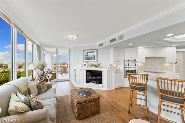 living room featuring light hardwood / wood-style floors and ornamental molding