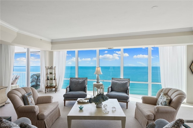 living room featuring a water view and crown molding