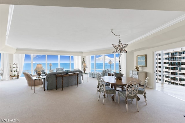 carpeted dining room featuring crown molding and a water view