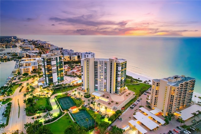 aerial view at dusk with a water view