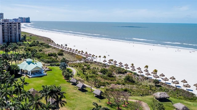 bird's eye view featuring a beach view and a water view