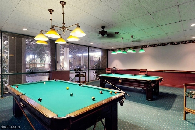 recreation room featuring billiards, carpet floors, and a drop ceiling