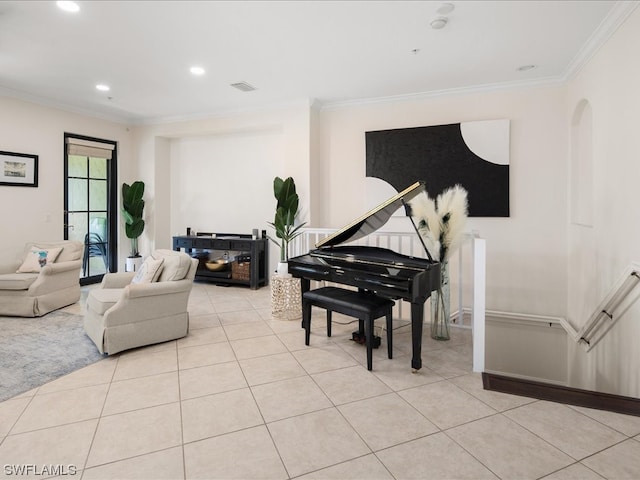 interior space with ornamental molding and light tile flooring