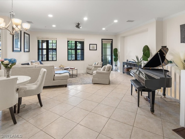 tiled living room featuring a chandelier and crown molding