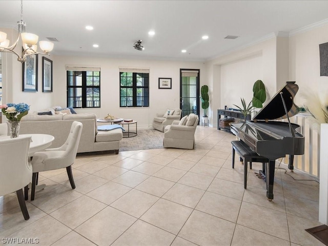 9151 Delano St Unit 9705, Naples, FL 34113 - living room featuring an inviting chandelier, ornamental molding, and light tile patterned flooring