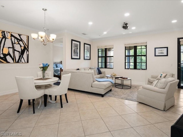9151 Delano St Unit 9705, Naples, FL 34113 - dining room featuring light tile patterned flooring, ornamental molding, and a chandelier