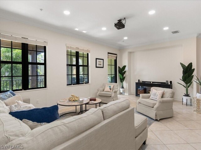 tiled living room featuring ornamental molding