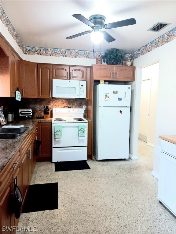 kitchen featuring backsplash, ceiling fan, white appliances, and sink