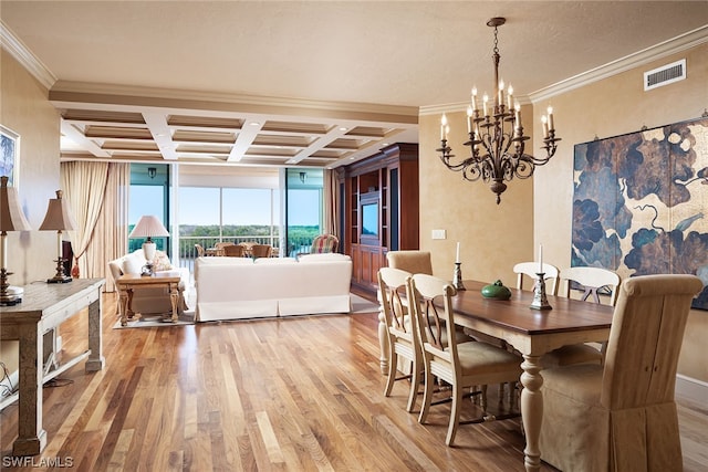 dining room featuring coffered ceiling, beamed ceiling, wood-type flooring, ornamental molding, and a chandelier