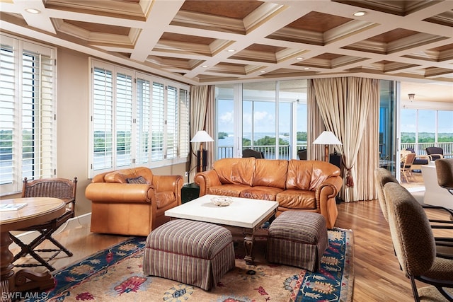 sunroom with beamed ceiling, coffered ceiling, and plenty of natural light