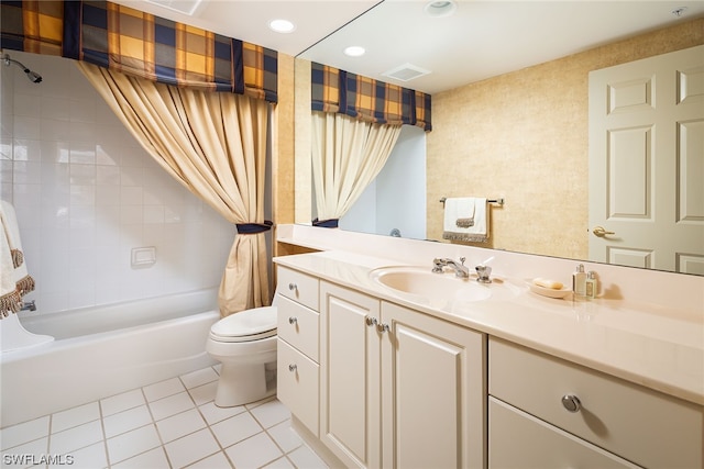 full bathroom with toilet, shower / bath combination with curtain, vanity, and tile patterned flooring