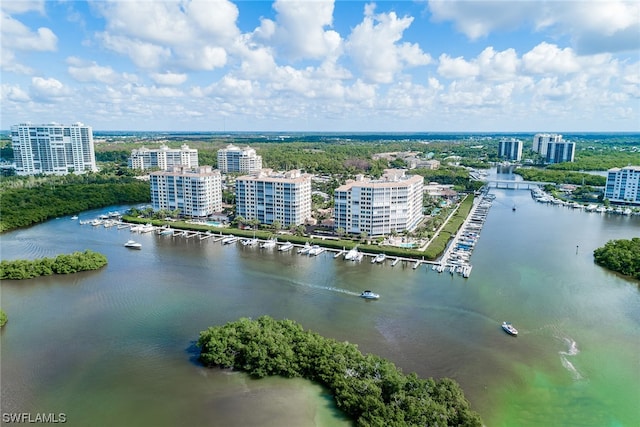 drone / aerial view featuring a water view