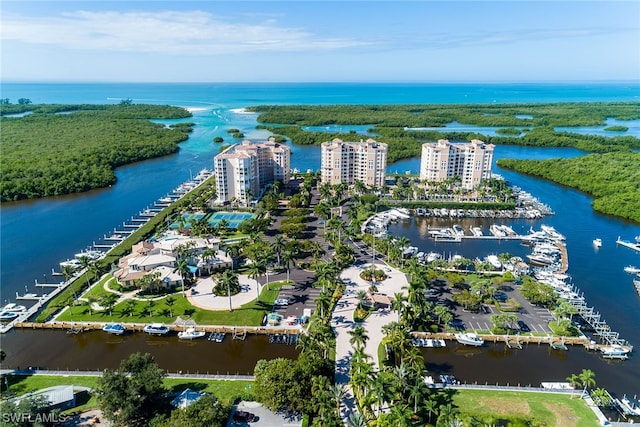 aerial view featuring a water view