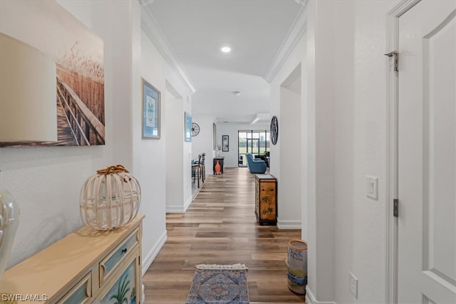 hall featuring crown molding and wood-type flooring