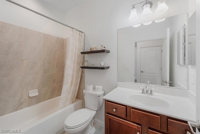 full bathroom with toilet, shower / bathtub combination with curtain, and vanity