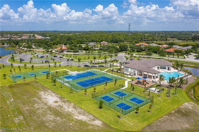 birds eye view of property featuring a water view