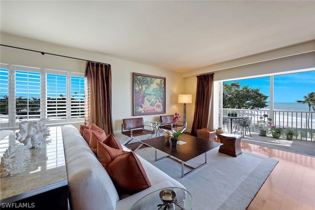 living room with a wealth of natural light and a water view