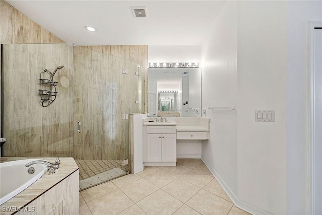 bathroom featuring tile patterned flooring, vanity, and independent shower and bath