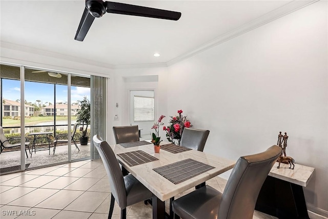 tiled dining area with crown molding