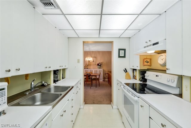 kitchen with white cabinetry, electric stove, sink, and premium range hood