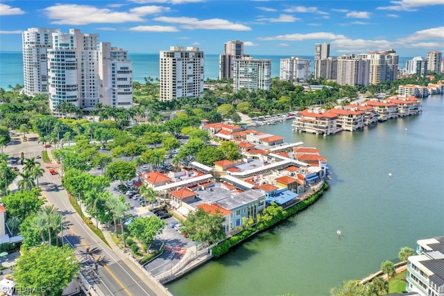 drone / aerial view featuring a water view