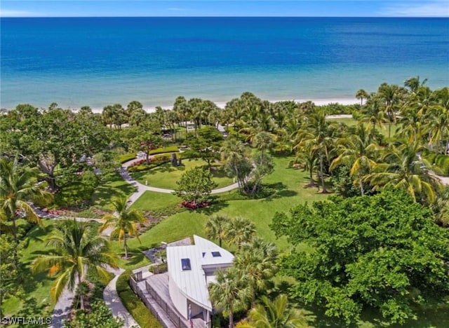 drone / aerial view with a water view and a view of the beach