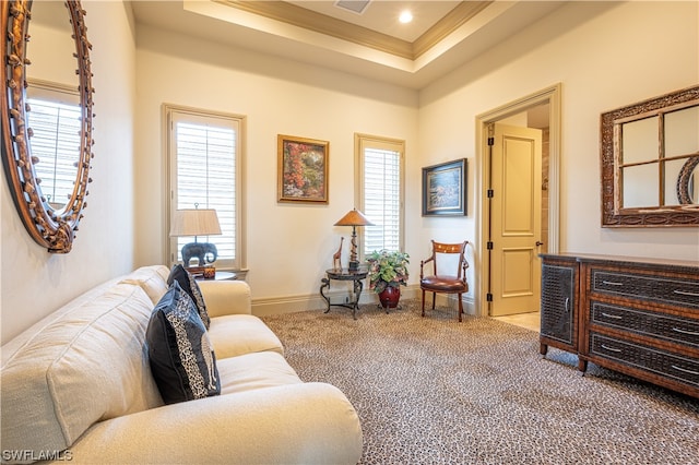 living room featuring carpet floors, a raised ceiling, and a wealth of natural light