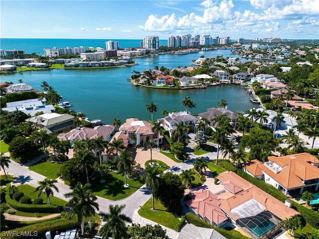 birds eye view of property with a water view