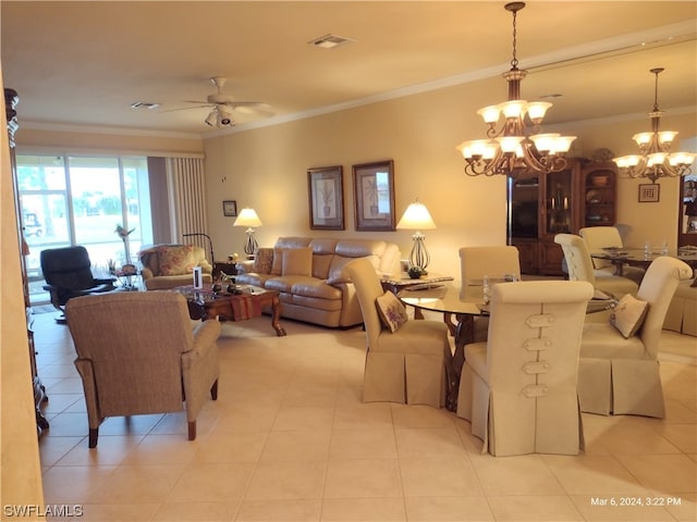 interior space featuring light tile floors, crown molding, and ceiling fan with notable chandelier