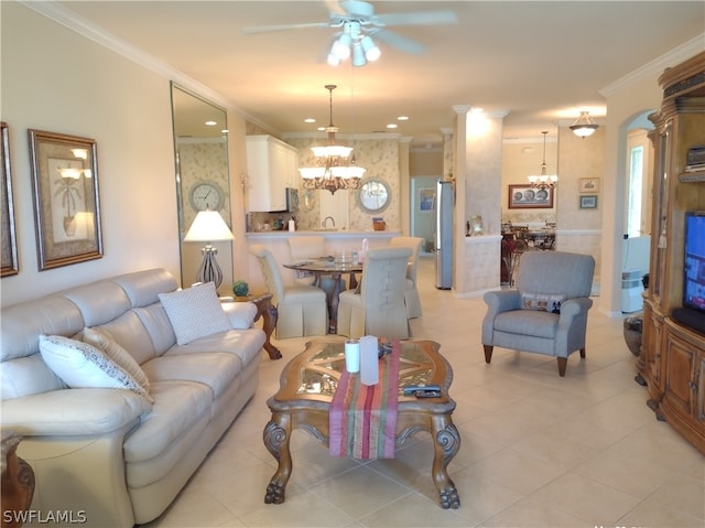 tiled living room featuring crown molding and ceiling fan with notable chandelier