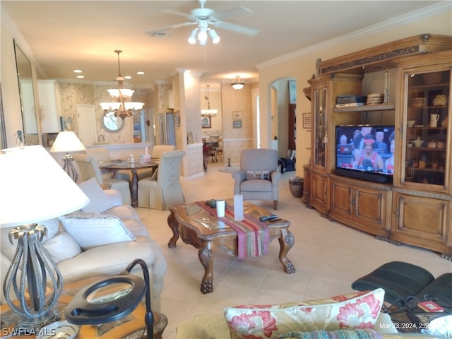 tiled living room featuring ornamental molding and ceiling fan with notable chandelier