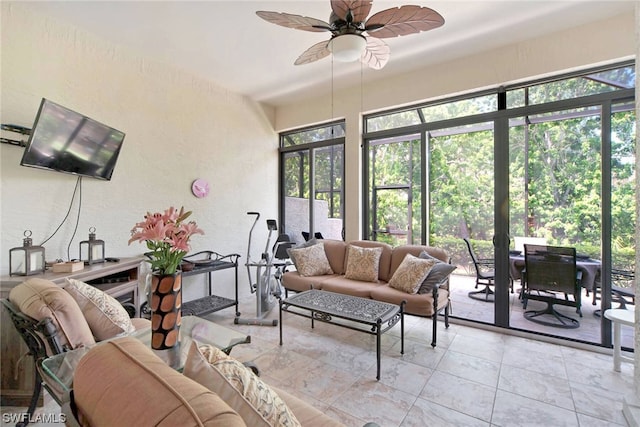 living room featuring ceiling fan