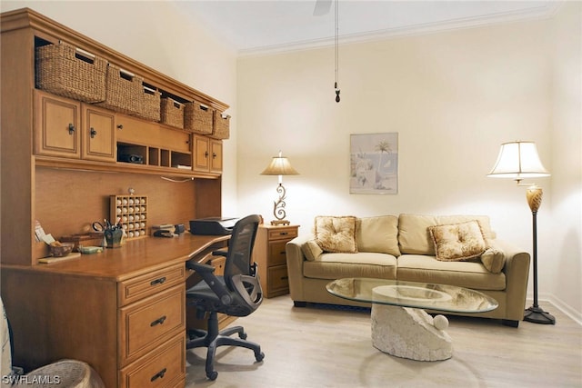 office area featuring light hardwood / wood-style floors and crown molding