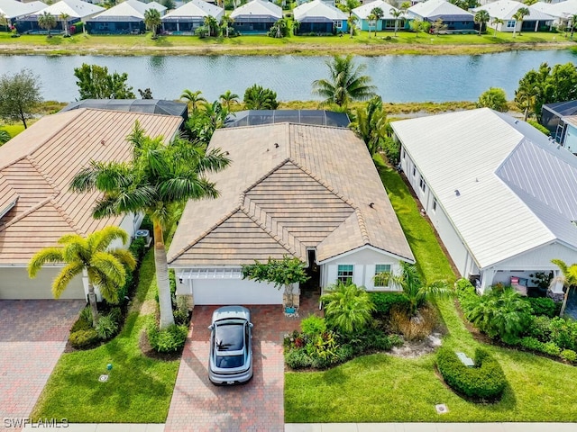 aerial view featuring a water view